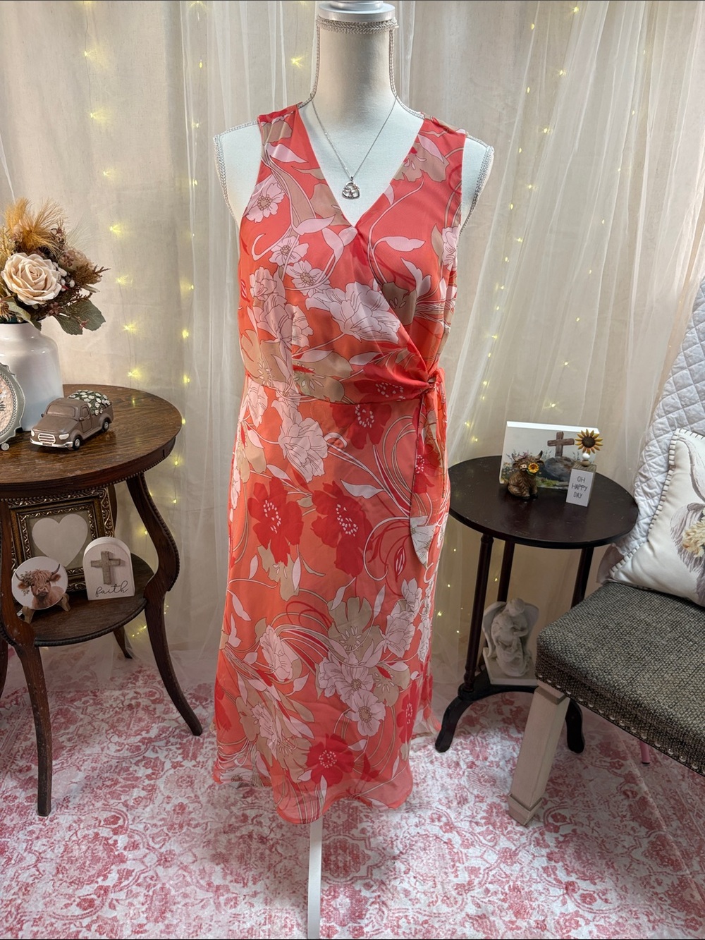 Coral Floral faux Wrap Midi Dress - Unbranded